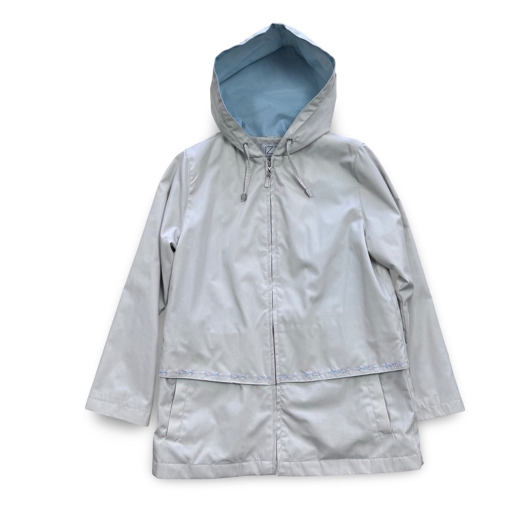 IZZI‎ Women Stone Beige Hooded Windbreaker Jacket Floral Embroidery Small